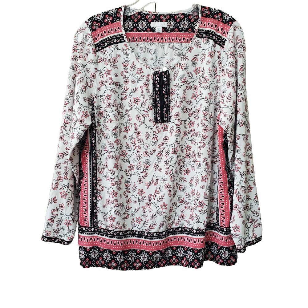 J Jill Rayon Keyhole Neck Border-Print Floral Peasant Blouse Sz MP Medium Petite